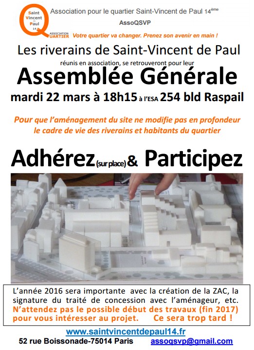 Assemblée Générale de l'Assocition pour le Quartier Saint-Vincent de Paul Paris 14